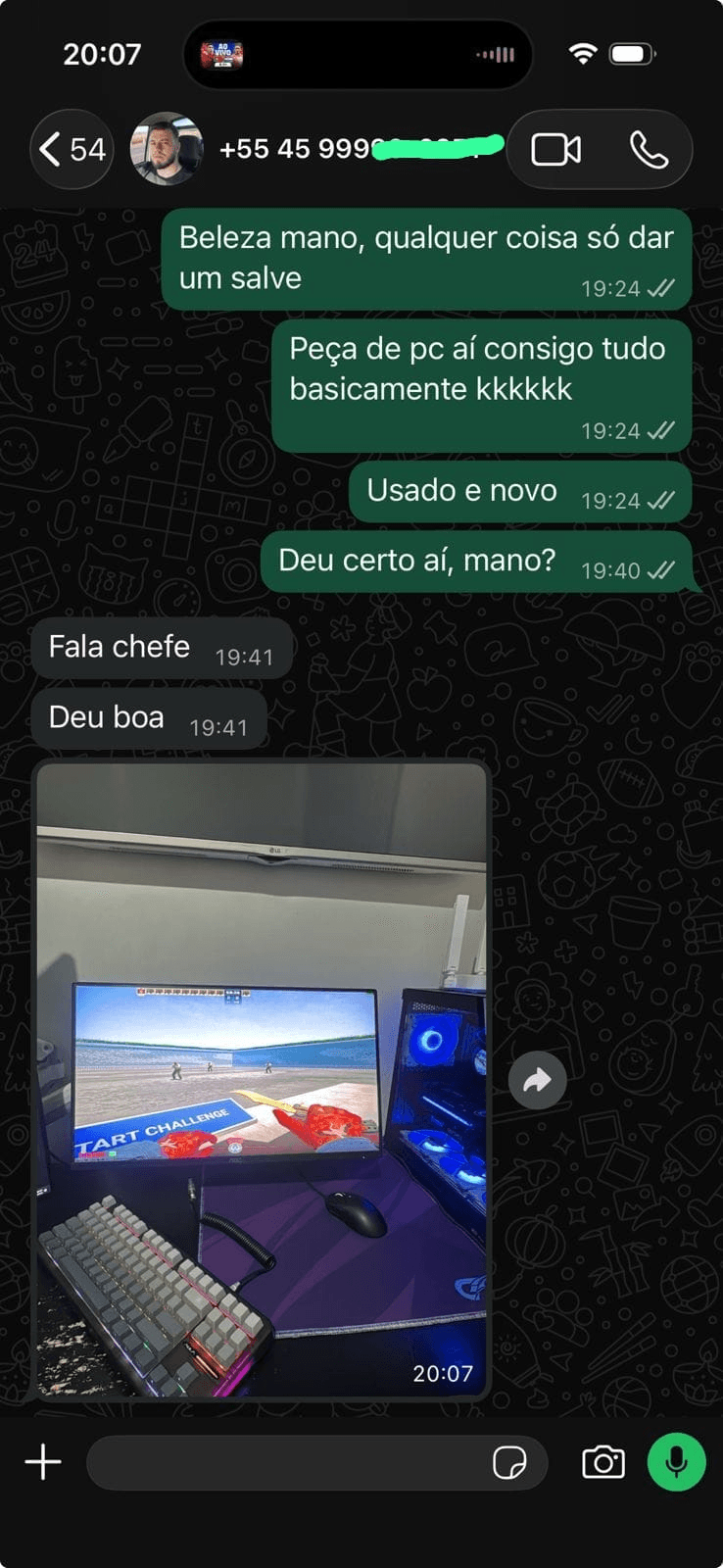 Print de conversa no WhatsApp com cliente confirmando que o pedido chegou certo e funcionando