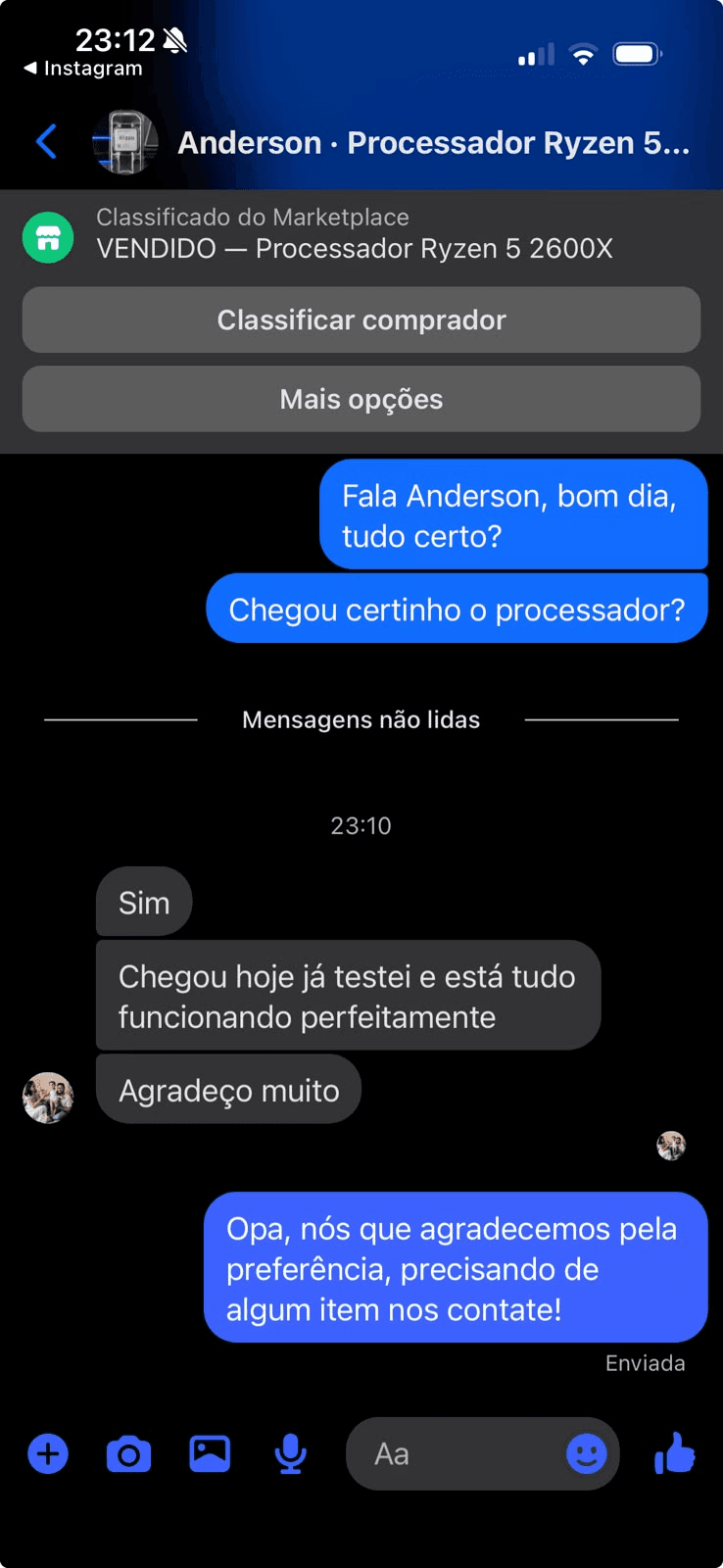 Print de conversa no Messenger com cliente confirmando que comprou através do marketplace